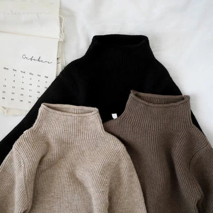 2025 Autumn Children Sweater Turtleneck Solid Color Boys Knit Pullover 1-9Y Baby Girls Warm Base Sweaters