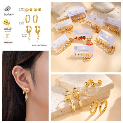 Vnox 6pcs/set Stainless Steel Stud Hoop Earrings Simple Classic 18K Gold Plated Earrings For Women Holiday Jewelry Set Wholesale