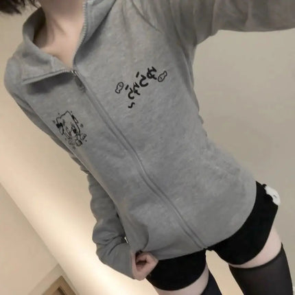 Japanese Vintage Rabbit Ears Hoodie Long Sleeve Polka Dot Print Y2k Retro Slim Zipper Patchwork Sweatshirt Women Sweet Cartoon