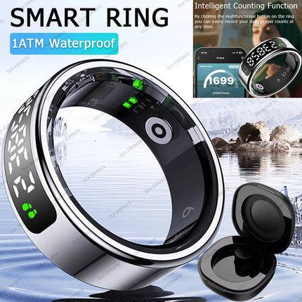 Smart Ring with Charging Case, Display Screen and Touch, Zikr Tasbih Counter, Heart Rate Blood Oxygen, Waterproof Rings 2025 New
