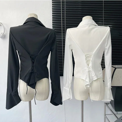 White Shirt Women Tops Korean Long Sleeve Blouses Lace Up Button Up Shirt Office Lady Black Fashion Slim Turn-Down Collar Blouse