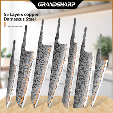 Grandsharp Damascus Blades 1-7PCS Kit 55 Layers Copper Damascus Steel No Handle DIY Knife Making Forging Blades Custom Tool