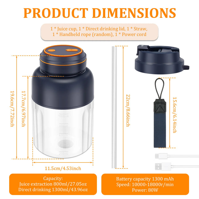 1L Portable Electric Juice Maker Blender with Dual Lid USB Rechargeable Blender Cup for Shakes Smoothie Travel Fresh Juicing Cup