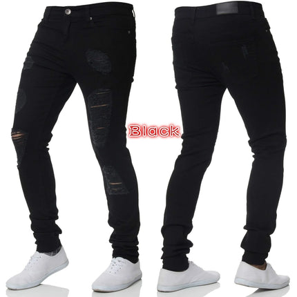 2023 Fashion Street Style Ripped Skinny Jeans Men Vintage wash Solid Denim Trouser Mens Casual Slim fit Black Blue denim Pants