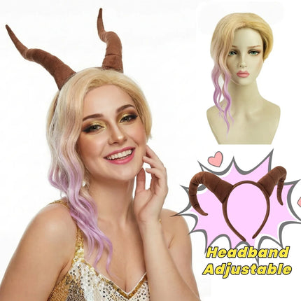 REEWES-Gazelle Goat Costume Wig,Brown Headband Accessories, Short Blonde Purple Wavy Synthetic Wigs,  Anime Cosplay, Drama Party