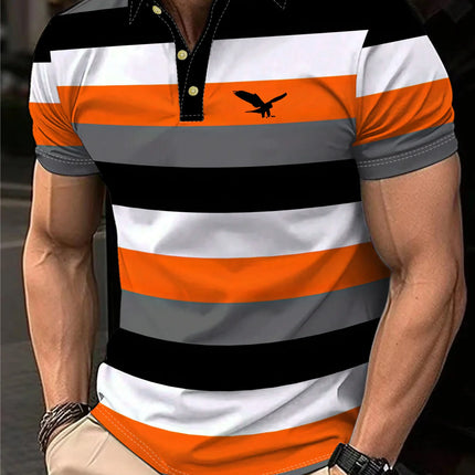 Men's Fashion Orange Striped Logo Print Sporty Short Sleeve Shirt, Machine Washable, Button-Up Casual Top with Retro Design
