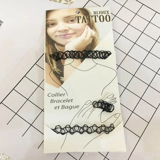European and American Fashion Black Fishing Line Letter Tattoos Elastic Necklace Bracelet Ring Three-Piece Set for Women