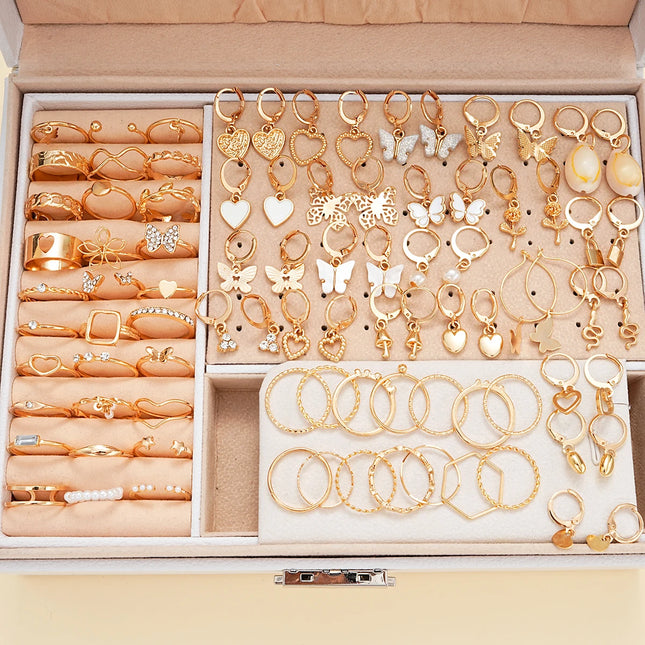 66 Pcs/Set Fashion Boho Gold Color Butterfly Love Earrings Ring Jewelry Set For Women Daily Vacation Wearing Gifts New 2024