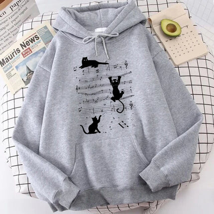 Kawaii Music Cat Design Printed kangaroo Pocket Hoodies Clothes Women's Casual Hooded Sweatshirts Graphic Gothic Y2k Streetwear