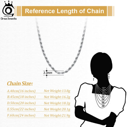 ORSA JEWELS 18K Gold over Authentic 925 Sterling Silver 1.7mm Diamond-Cut Rope Chain Necklace for Man Woman Twist Chain SC29