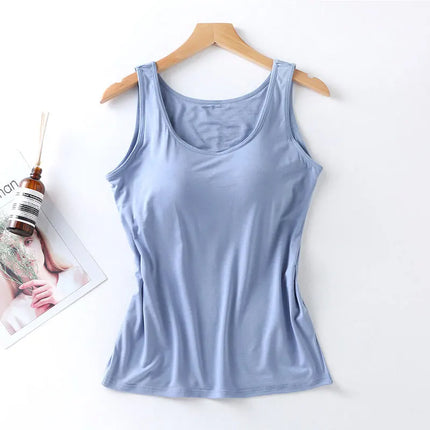2025 Women's Vest Tops With Built-in Bra Neck Vest Padded Slim Fit Tank Tops Sexy Shirts Feminino Casual Underlay Slimming Shirt