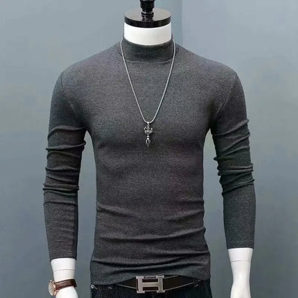 2026 Spring New Men's Turtleneck T-shirt Long Sleeve Slim Fit Solid Color High Elastic Bottoming Pullovers Basic Style Male Tops