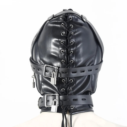 BDSM Adult Cosplay Games PU Leather Black Mask Hood Halloween Party Bondage Face Cover Sexy Fetish Full Head Hood With Lock