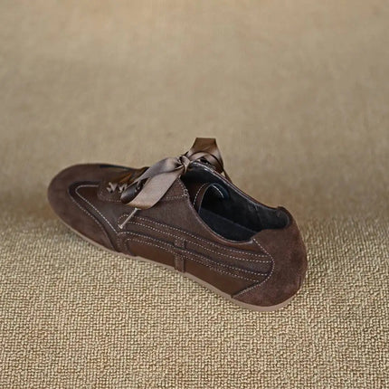 Suede Retro Lace Up Casual Flat Shoes Women Comfort Shallow Autumn Footwear Female Brown Genuine Leather Ballet Sneakers Women