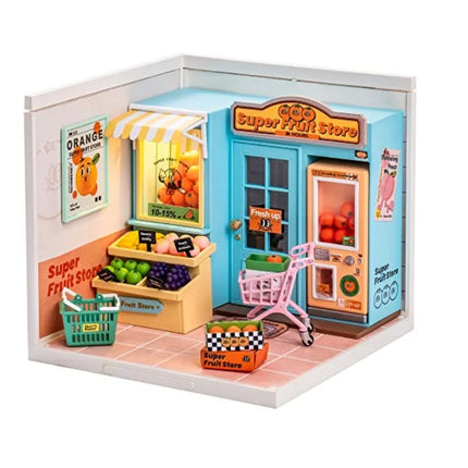 Robotime Mini Dollhouse DIY Miniature House Kit 1:20 Fruit Store Cafe Store Supply Store Kit with LED for Teens Adults