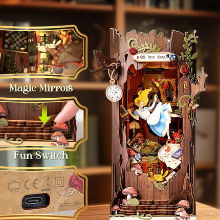Robotime Rolife Book Nook Kits Fall into Wonder DIY Booknook with Lights Miniature House Kit 3D Wooden Puzzle Bookshelf Gift TGB