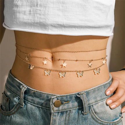 Fashion Boho Gold-plate Multilevel Star Moon Butterfly Snake Pendant Long Waist Chain For Women Beach Sexy Body Chains Jewelry