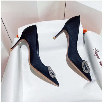 2025 New Women's Slim High-Heeled Pointed Toe Pumps with Rhinestone Buckle - Sexy Shallow-Cut Single Shoes