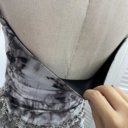 Women's Vintage Tie-dye Printed Mesh Spaghetti Strap Camisole Hot Girl Irregular Ruffled Ribbon Sleeveless Top Partyclub 1185