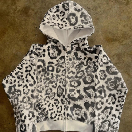 Y2K European American Fashion Leopard Print Hooded Long Sleeve Sweatshirt Jacket Comfort Casual Trend Sports Sweatpants