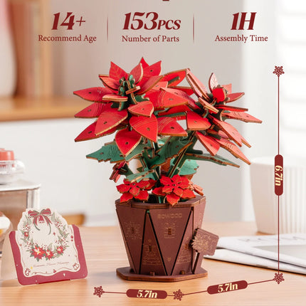Rolife Artificial Flower Wooden 3D Puzzle Poinsettia DIY Model Building Kit for Home Decor Mother's Day Valentine's Day Gifts