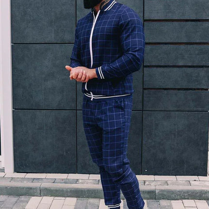 2025 Men Tracksuit 2pc Set Gym Hiking Plaid Zipper Hoodie Cargo Pants Autumn Athleisure Outfit Fleece Jogger Sportswear