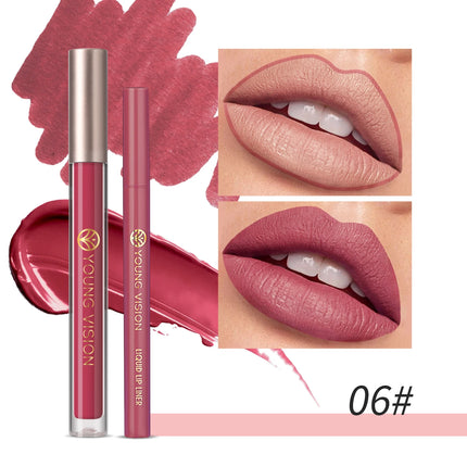 YOUNG VISION Lip Glaze + Lip Liner set liquid Lip Liner Waterproof non-stick cup Moisturizing easy color 12 color lip gloss