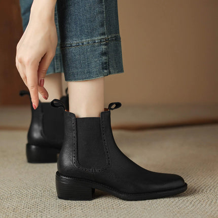 Krazing Pot Big Size 34-43 Cow Leather Round Toe High Heels Retro Modern Chelsea Boots Warm Winter Shoes Motorcycles Ankle Boots