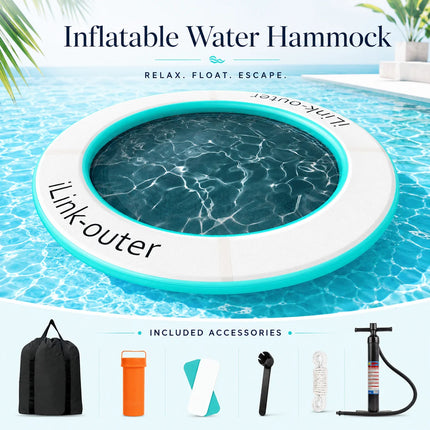 8ft Inflatable Water Hammock Float, Large Round Pool Floating Dock with Mesh Center, Reinforced Handles & Non-Slip Surface, Portable Lounge Raft for Pool Lake Beach, Includes Pump Kit