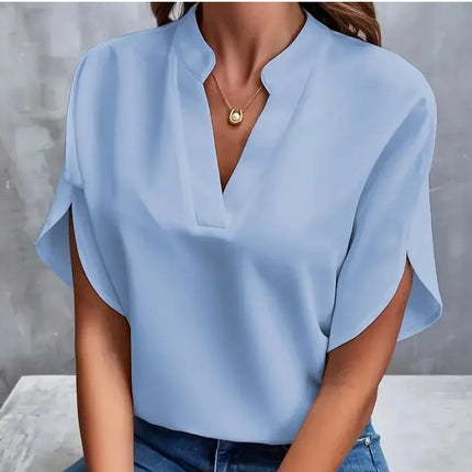 Summer Elegant Women's Blouse New V-neck Short Sleeve Solid Color Loose Shirt Casual White Tops Office Lady Blouses