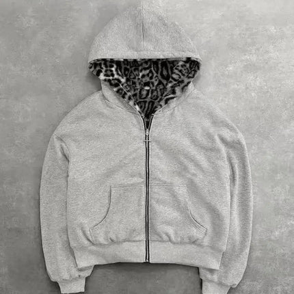 Gothic Harajuku Women Men Autumn Winter Reversible Hoodie Coat Casual Retro Leopard Print Zipper Hoodie Loose Black Grey Top