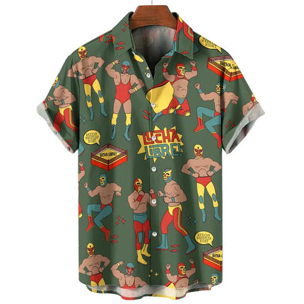 New Retro Men's Shirt 3d Mexican Wrestling Print Short Sleeve Shirt Fashion Man Clothing Loose Oversized Hawaiian Shirts for Men