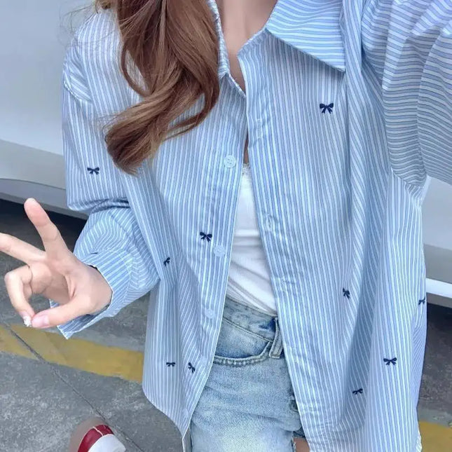 Blue striped long-sleeved shirt jacket for women, Spring 2025 new design, niche, loose and versatile shirt top