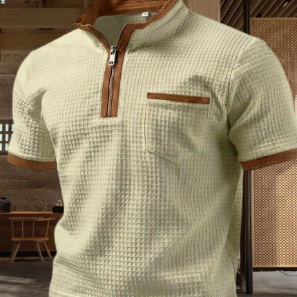 Men's Solid Zipper Social Polo Shirts for Men Summer Henry Collar Short Sleeve Golf Personality Casual Breathable Sports Top