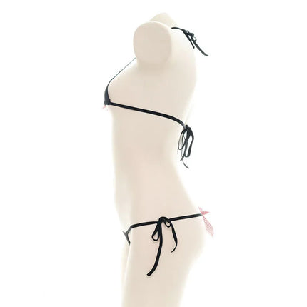 Beach Girl Black Stripe Bikini Swimsuit Costume Backless Set Women Sweet Lolita Bow Bandage Striped Swimsuit Mini Bikini Adult