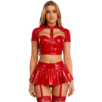 Womens Wet Look PU Leather Lingerie Set Push-up Underwire Cutout Short Sleeve Crop Top with Built-in Thongs Miniskirt Clubwear