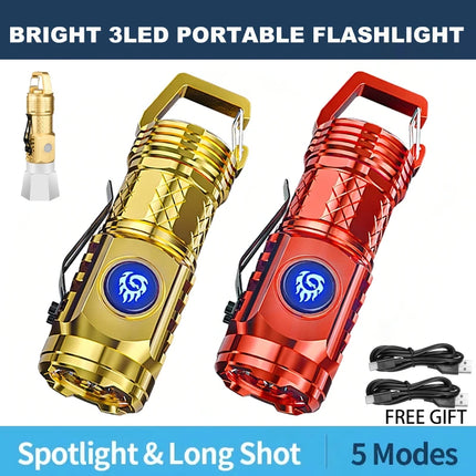 Mini 3 LED Flashlight With Pen Clip Portable Brightness,Rechargeable Waterproof Emergency Spotlight Outdoor Night Walking Torch