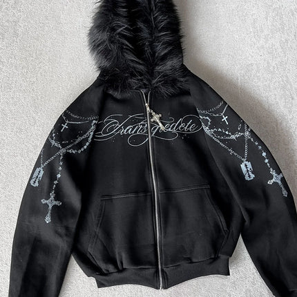 Y2K New Korean Fashion Simple Black Double-Sided Oversized Zipper Hoodie Female  Harajuku Gothic Casual Joker Couple Street Wear