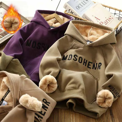 Kids Padded Warm Sweatshirt Clothes Winter Autumn Boys Girls Lamb's Wool Thick Hoodies Big Children Letter Print Pullover Tops