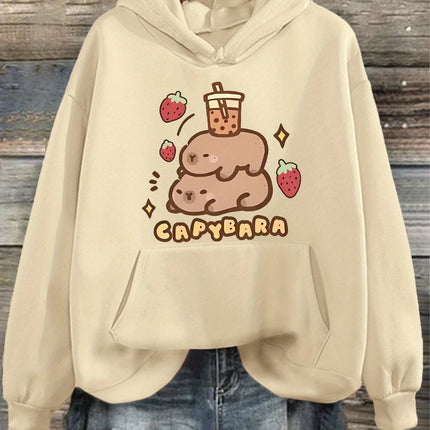 Cartoon Strawberry Capybara Cute Printed Hoodie for Women Autumn Winter 2025 Long Sleeve Tops Sweatshirt Clothing