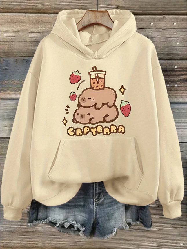 Cartoon Strawberry Capybara Cute Printed Hoodie for Women Autumn Winter 2025 Long Sleeve Tops Sweatshirt Clothing