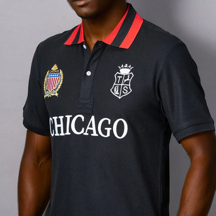 Men's polo shirt USA Chicago short sleeve Royal leisure sports party cotton embroidered with slit contrast color original