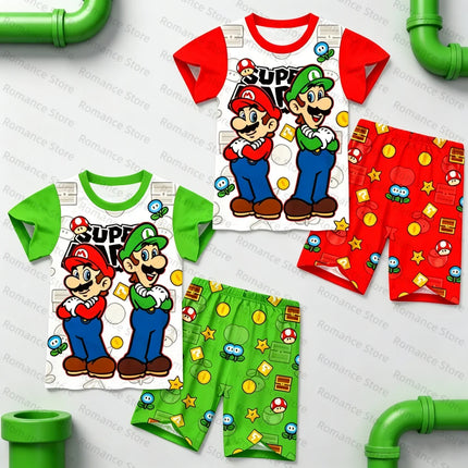 Cartoon Luigi Kids Sleepwear 2Pcs Summer Short Sleeve Tops Pants Children Women Casual Loungewear For Boys Girls Set Adult Set