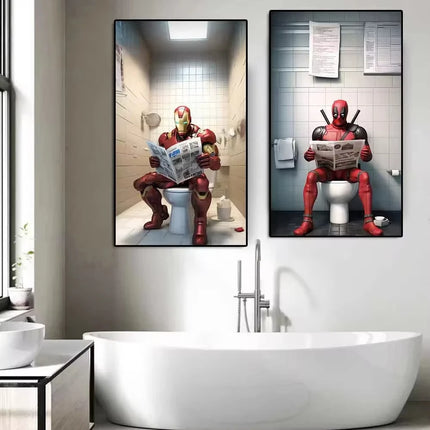 Pop Comic Cartoon Funny Spider-Man Superhero Reading Newspaper Canvas Wall Art Poster, Modern Bathroom Home Room Decor Painting