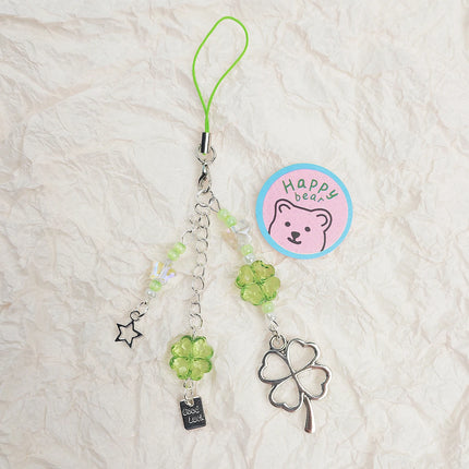 Y2K Lucky Four Leaves Clover Heart Key Ring Green Leaf Star Key Chain Cases for Phone Camera Korean Cute Beaded Couple Keychain