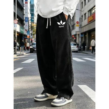 Mens Corduroy Wide Leg Trousers Elastic Drawstring Waist Abstract Leaf Sport Graphic Print Loose Straight Casual Street S-4XL