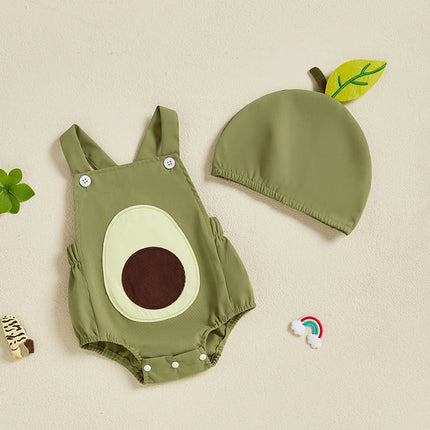 Pudcoco Infant Newborn Baby Summer Outfit, Sleeveless Fruit Overalls Romper with Hat 2-piece Outfit for Boys Girls 0-18M