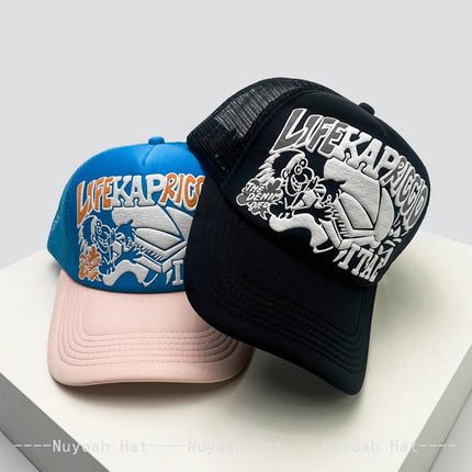 New Unisex Japanese 3D Printed Letter Baseball Hats Sunshade Personal Breathable Hip-hop Trucker Caps Color Block Versatile Mesh