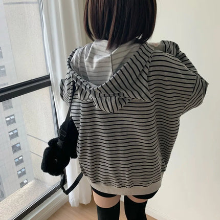 Strawberry Cat Embroidered Striped Hoodies Women Top Japanese Subculture Cute Cat Ear Black Grey Loose Harajuku Coat for Women