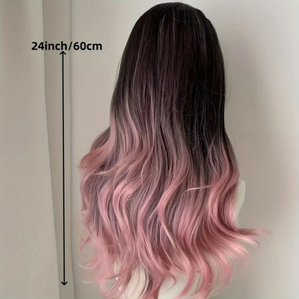Black to Blue/Pink/Black Ombre Long Wavy Wig Natural Fluffy Body Wave Heat Resistant Synthetic Hair Daily & Party.